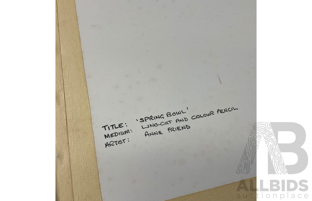 Anne Friend  ''Spring Bowl'' Lino-cut and Colour Pencil, 49 X 58 Cm (frame)