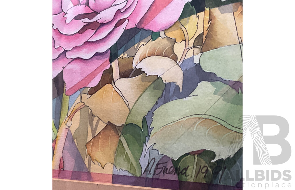 Anne Friend  ''Rose Garden'' Monoprint, Watercolour and Pencil, 56 x 77 Cm (frame)