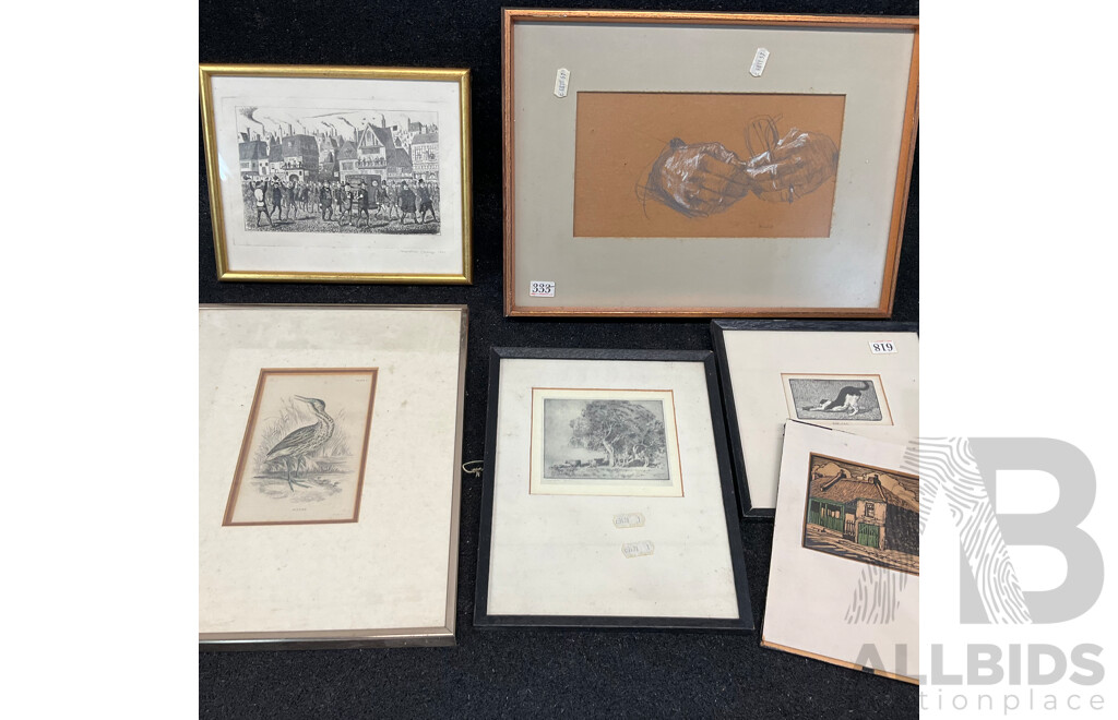 Assorted Vintage Prints, Including Lionel Lindsay ''The Cat'', Sir William Jardine's ''The Naturalist's Library - Bittern'', Herbert RReginald Gallop ''Swamp Ti Trees'' and  Artworks by Brian Dunlop ''His Hands''  - Lot of 6