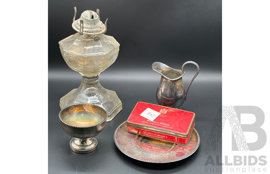 Vintage Decorative Silverplate Plate, Sugar Bowl and Footed Creamer, Glass Kerosene Table Lamp and Benson and Hedges Cigarette Tin - Lot of 5