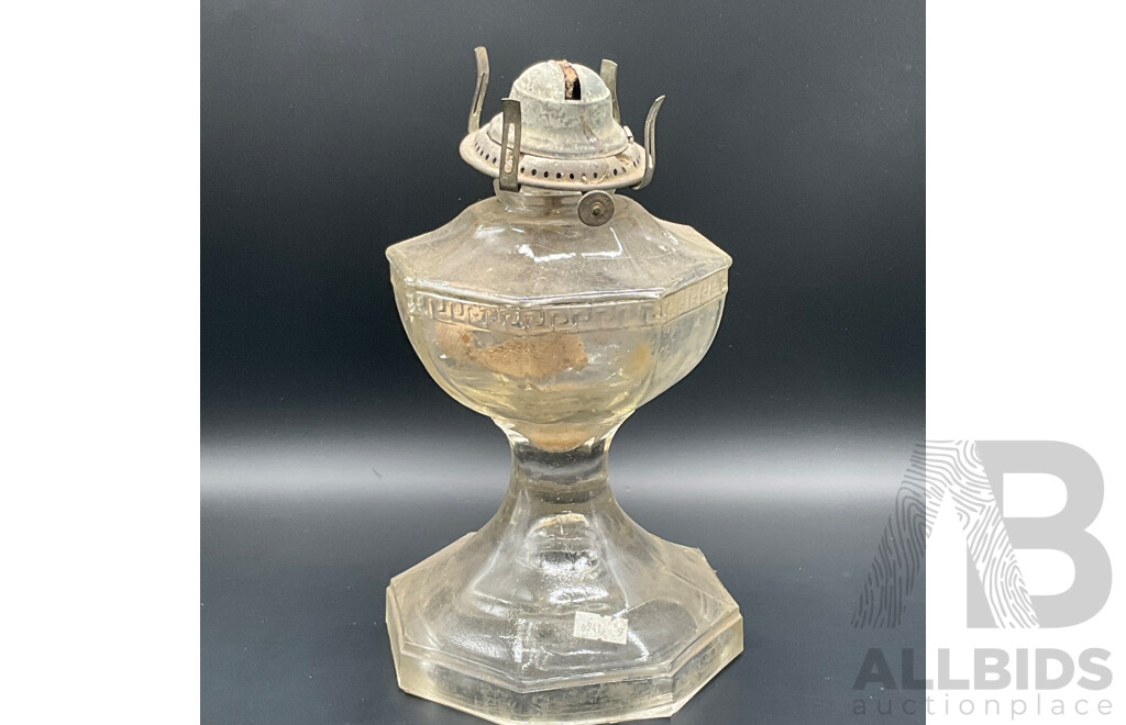 Vintage Decorative Silverplate Plate, Sugar Bowl and Footed Creamer, Glass Kerosene Table Lamp and Benson and Hedges Cigarette Tin - Lot of 5