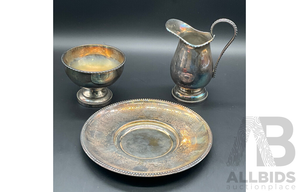 Vintage Decorative Silverplate Plate, Sugar Bowl and Footed Creamer, Glass Kerosene Table Lamp and Benson and Hedges Cigarette Tin - Lot of 5