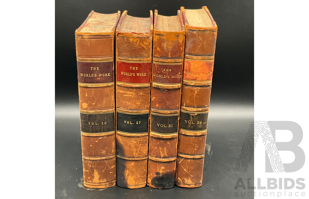 Vintage Leathr-Bound Volumes of THE WORLD'S WORK Magazine, Volumes 20, 27, 31, 39- Lot of 4