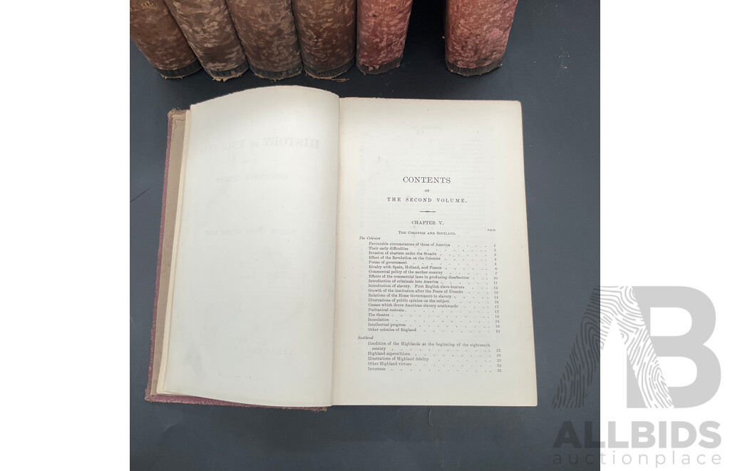 HISTORY of ENGLAND in the Eighteenth Century by William Edward Hartpole Lecky, Published by Longmans & Co., Volumes II to VIII - Lot of 7