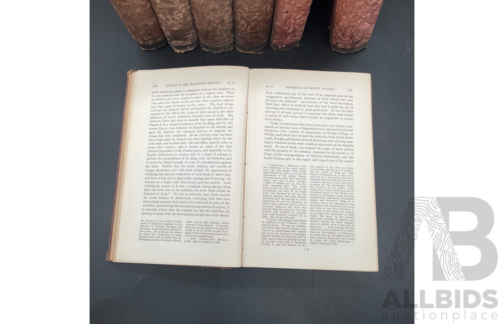 HISTORY of ENGLAND in the Eighteenth Century by William Edward Hartpole Lecky, Published by Longmans & Co., Volumes II to VIII - Lot of 7