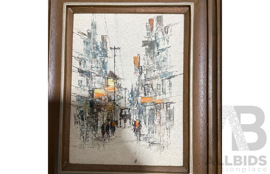 Leo Meneses (20th Century ) ''Street Scene'' Oil on Canvas, 43 X 36 Cm (frame) - Lot of 2