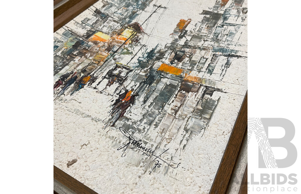 Leo Meneses (20th Century ) ''Street Scene'' Oil on Canvas, 43 X 36 Cm (frame) - Lot of 2