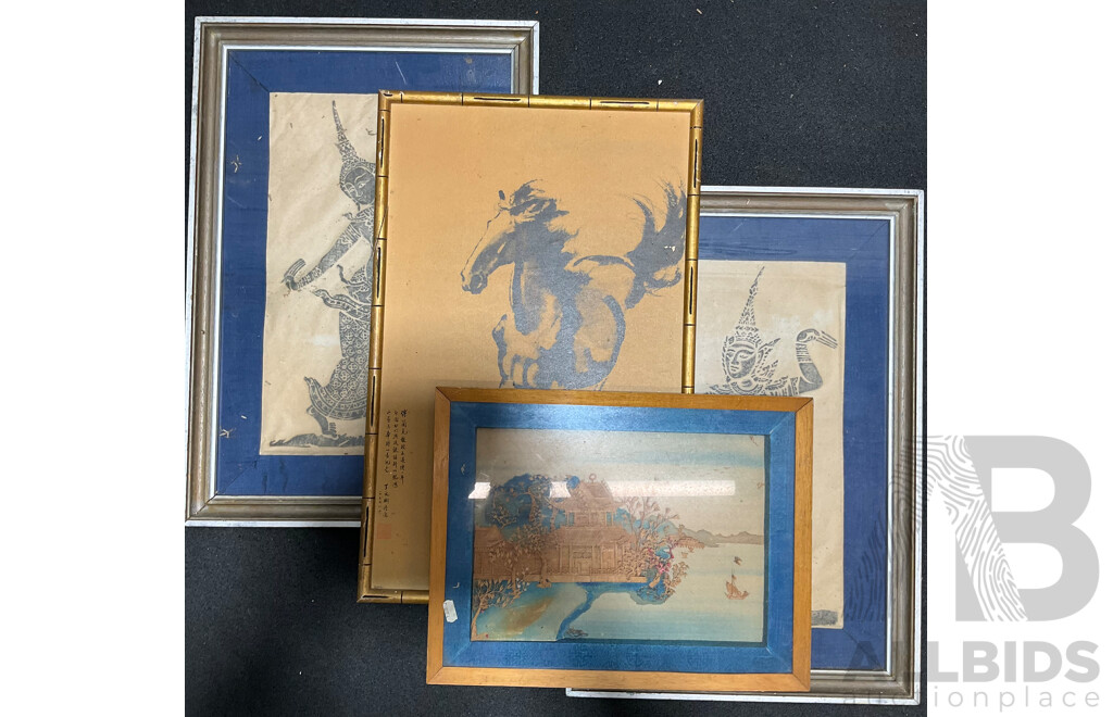 Assorted Asian Artworks, Including Two Thai Temple Rubbings, Chinese Ink Wash Galloping Horse Painting and Asian Cork Carving Diorama - Lot of 4