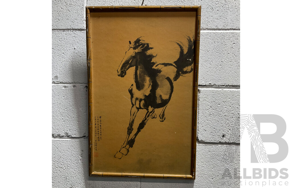 Assorted Asian Artworks, Including Two Thai Temple Rubbings, Chinese Ink Wash Galloping Horse Painting and Asian Cork Carving Diorama - Lot of 4