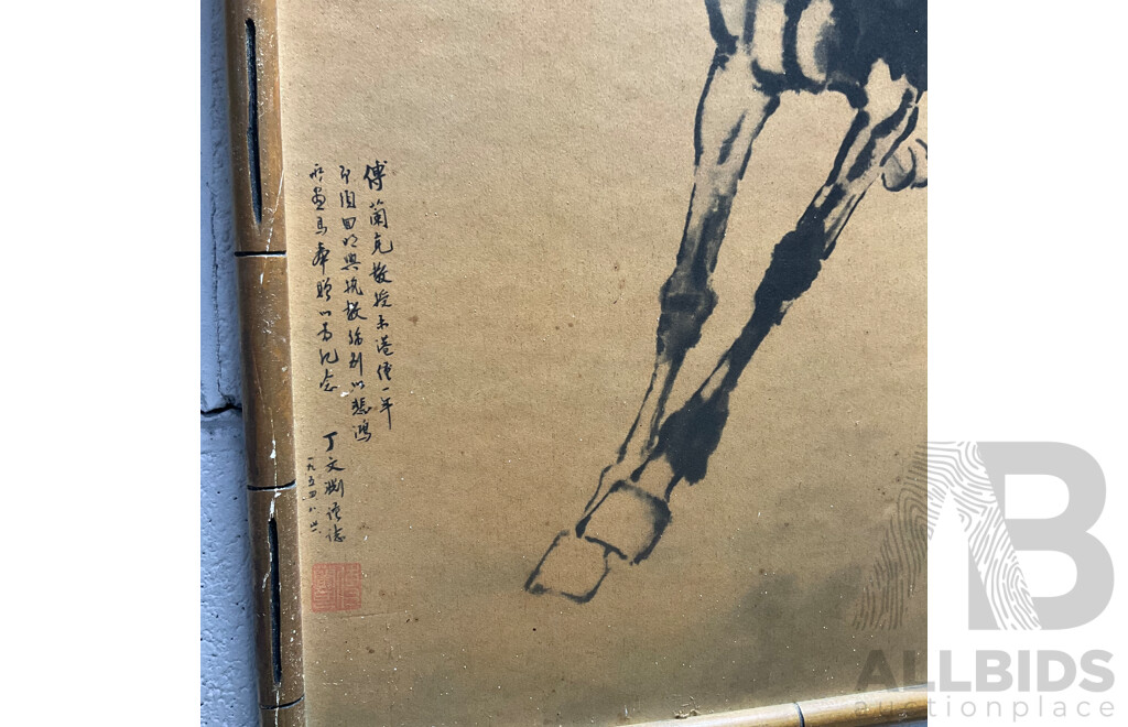Assorted Asian Artworks, Including Two Thai Temple Rubbings, Chinese Ink Wash Galloping Horse Painting and Asian Cork Carving Diorama - Lot of 4