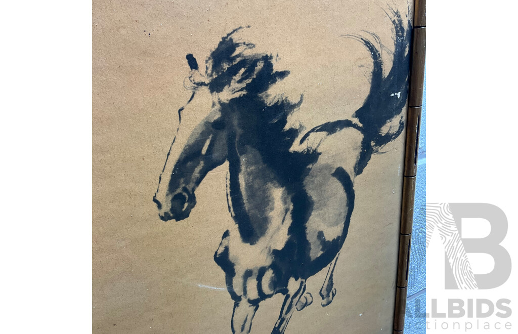 Assorted Asian Artworks, Including Two Thai Temple Rubbings, Chinese Ink Wash Galloping Horse Painting and Asian Cork Carving Diorama - Lot of 4