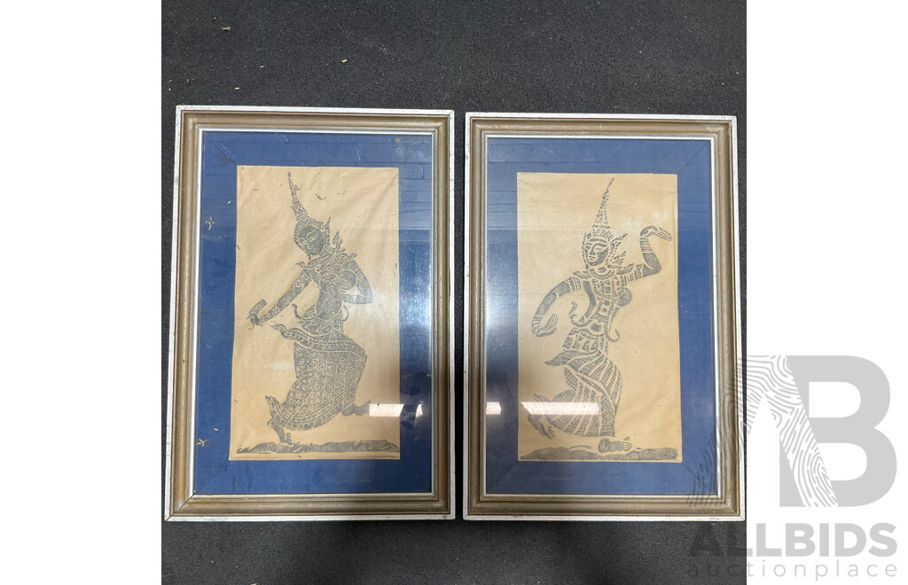 Assorted Asian Artworks, Including Two Thai Temple Rubbings, Chinese Ink Wash Galloping Horse Painting and Asian Cork Carving Diorama - Lot of 4