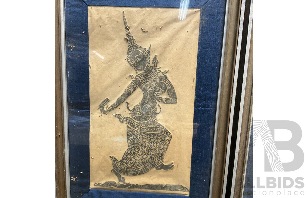 Assorted Asian Artworks, Including Two Thai Temple Rubbings, Chinese Ink Wash Galloping Horse Painting and Asian Cork Carving Diorama - Lot of 4