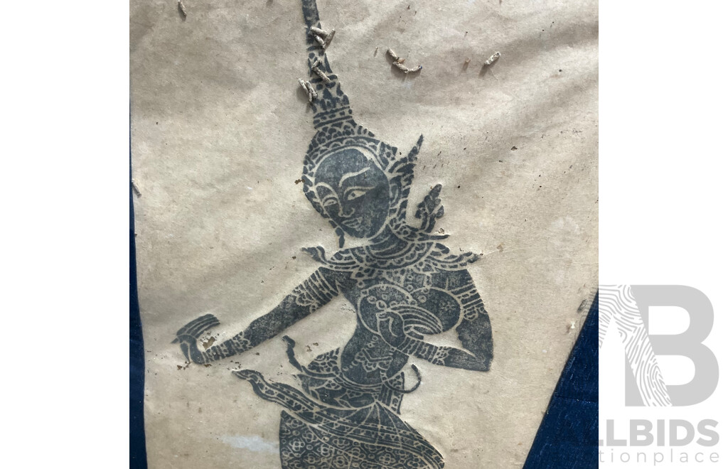 Assorted Asian Artworks, Including Two Thai Temple Rubbings, Chinese Ink Wash Galloping Horse Painting and Asian Cork Carving Diorama - Lot of 4