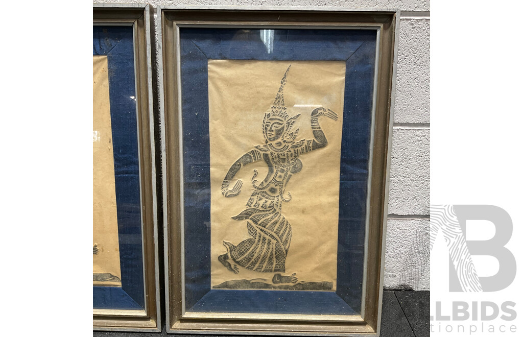 Assorted Asian Artworks, Including Two Thai Temple Rubbings, Chinese Ink Wash Galloping Horse Painting and Asian Cork Carving Diorama - Lot of 4