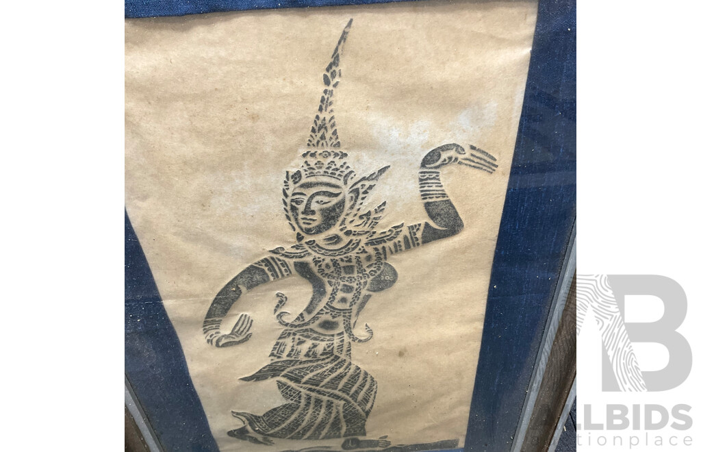 Assorted Asian Artworks, Including Two Thai Temple Rubbings, Chinese Ink Wash Galloping Horse Painting and Asian Cork Carving Diorama - Lot of 4