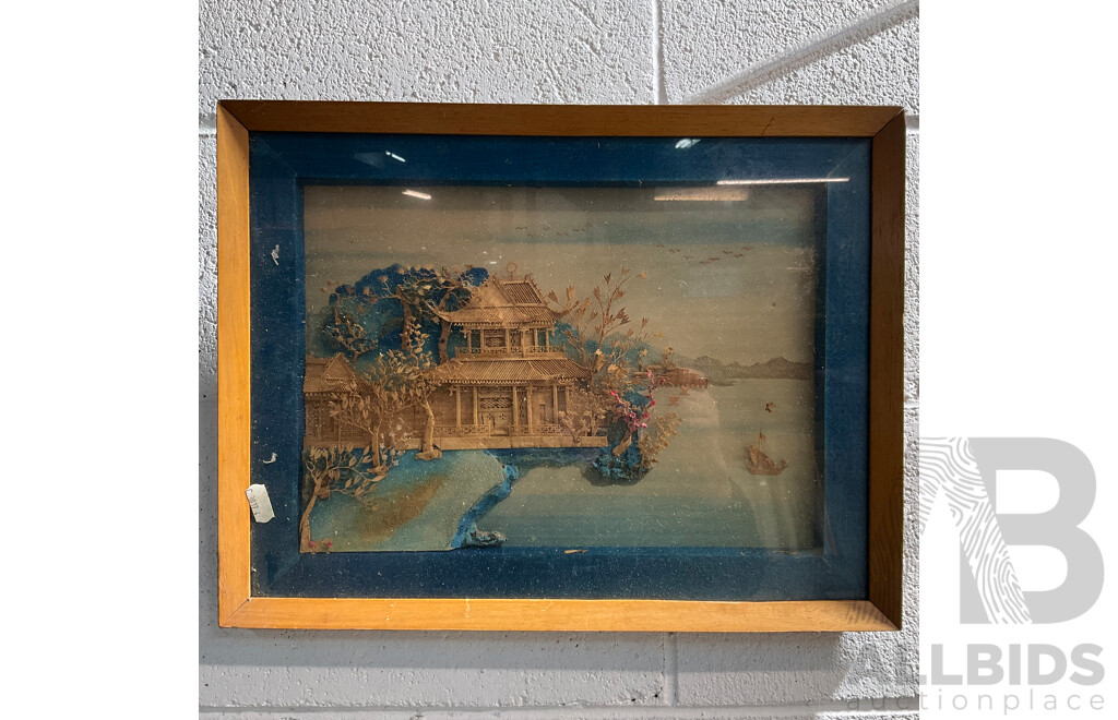 Assorted Asian Artworks, Including Two Thai Temple Rubbings, Chinese Ink Wash Galloping Horse Painting and Asian Cork Carving Diorama - Lot of 4