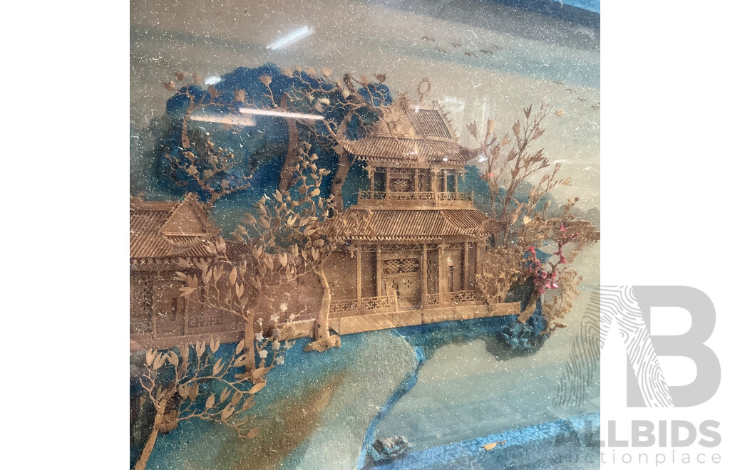 Assorted Asian Artworks, Including Two Thai Temple Rubbings, Chinese Ink Wash Galloping Horse Painting and Asian Cork Carving Diorama - Lot of 4