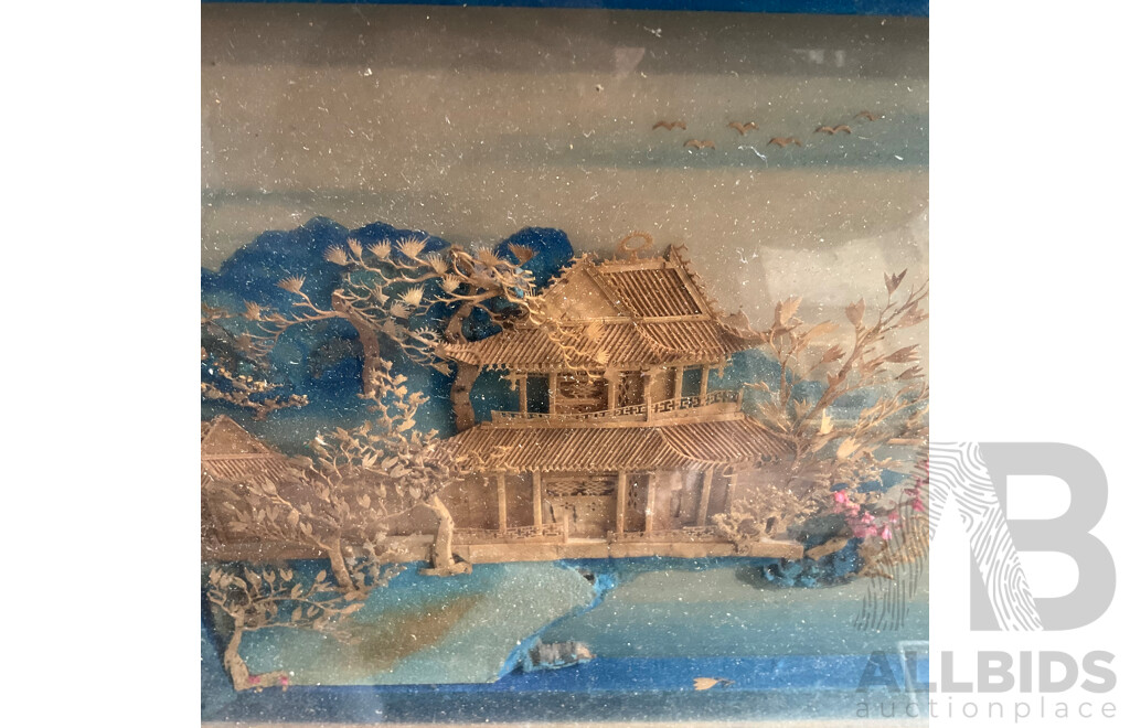 Assorted Asian Artworks, Including Two Thai Temple Rubbings, Chinese Ink Wash Galloping Horse Painting and Asian Cork Carving Diorama - Lot of 4