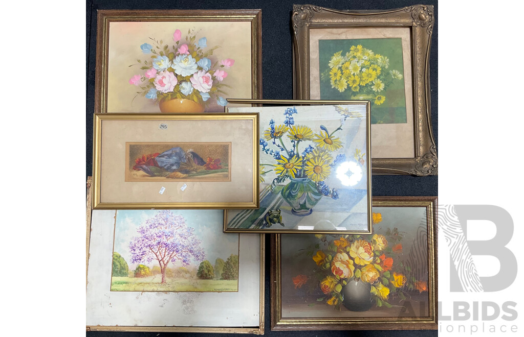 Collection of Floral Painting and Prints in Various Styles, Including Artists H.C.Simpson, M. Gates, WDG and Wsme Farmer - Lot of 6