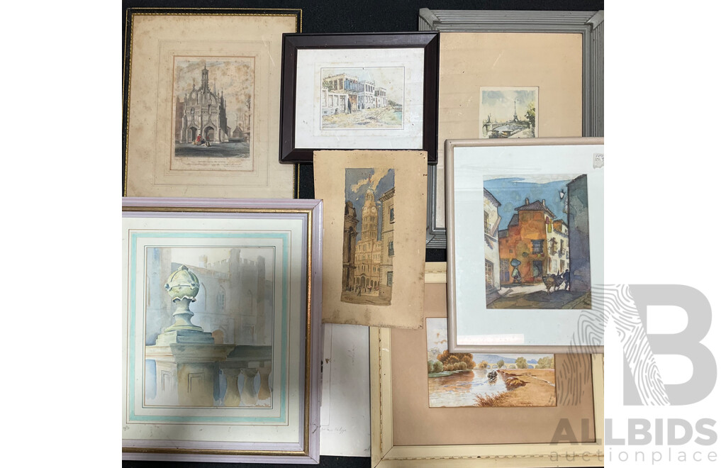 Collection of Painting and Prints of European Cityscapes in Various Styles, Including Artists Graham Ball, R. Ellison, Unk White, Lucien Delaurure and Others - Lot of 8