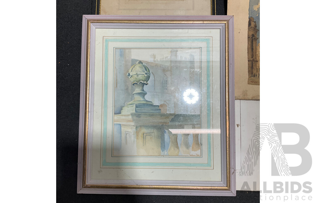 Collection of Painting and Prints of European Cityscapes in Various Styles, Including Artists Graham Ball, R. Ellison, Unk White, Lucien Delaurure and Others - Lot of 8