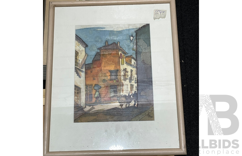 Collection of Painting and Prints of European Cityscapes in Various Styles, Including Artists Graham Ball, R. Ellison, Unk White, Lucien Delaurure and Others - Lot of 8