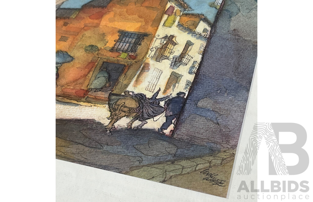 Collection of Painting and Prints of European Cityscapes in Various Styles, Including Artists Graham Ball, R. Ellison, Unk White, Lucien Delaurure and Others - Lot of 8