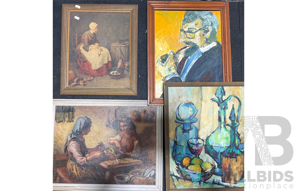 Collection of Painting and Prints in Various Styles, Including Artists R.S. Wenban (1893-1990) ''Greek Hoouse-Wives'', Ferguson and Print of Jean-Baptiste-Simeon Chardin ''The Kitchen Maid'' - Lot of 4