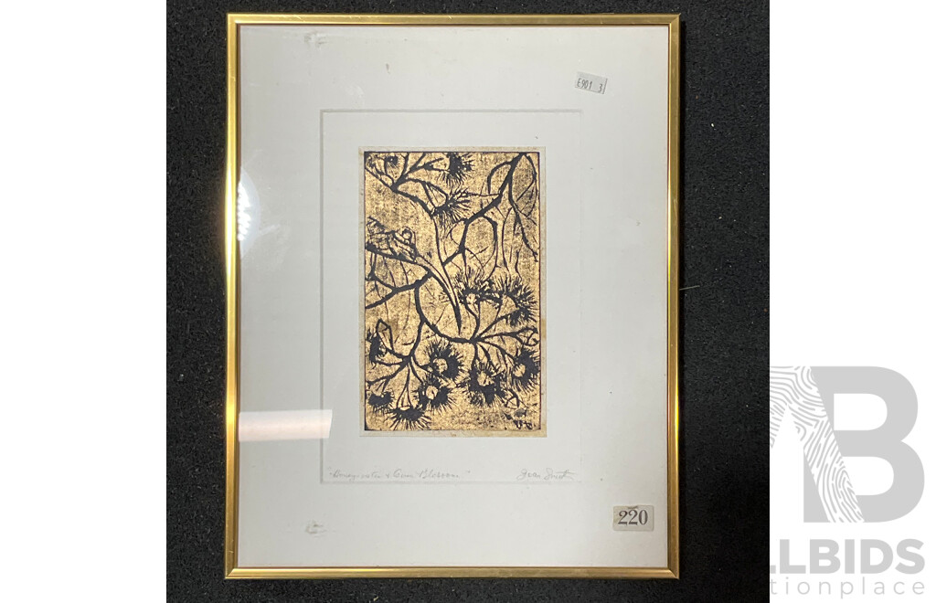 Joan Smith ''Honeyeater & Gum Blossom'' Lino Print, 36 X 29 Cm (frame)