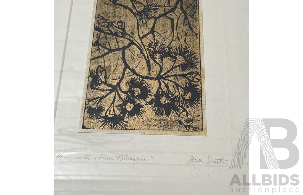 Joan Smith ''Honeyeater & Gum Blossom'' Lino Print, 36 X 29 Cm (frame)