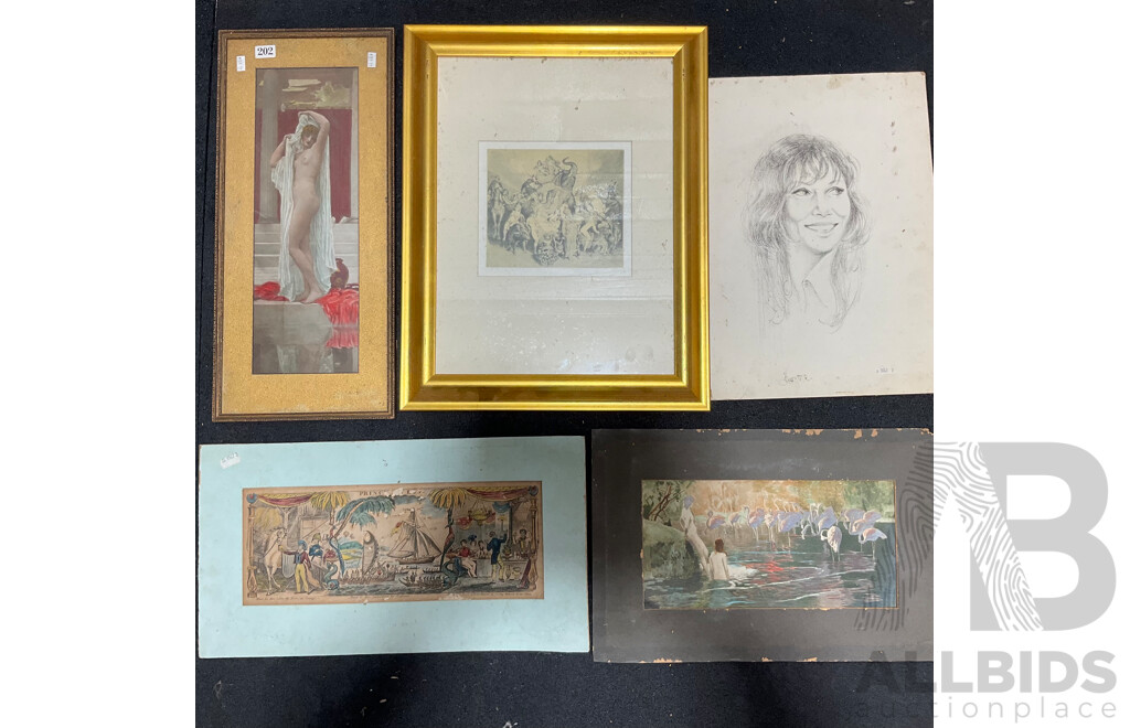 Collection of Women's Painting and Prints, Including Reproduction of ''The Bath of Psyche'', Norman Lidsay ''Merchandise'', ''Prince Le Boo Embarking Fro England'' and Others - Lot of 5