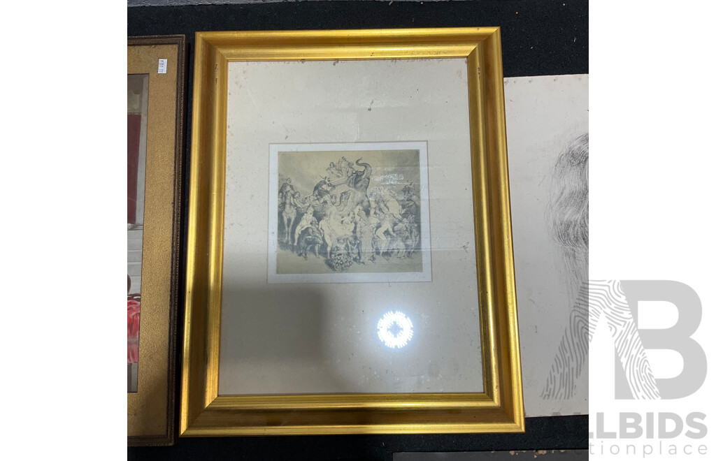 Collection of Women's Painting and Prints, Including Reproduction of ''The Bath of Psyche'', Norman Lidsay ''Merchandise'', ''Prince Le Boo Embarking Fro England'' and Others - Lot of 5
