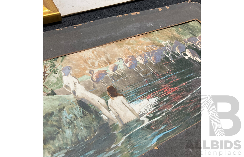 Collection of Women's Painting and Prints, Including Reproduction of ''The Bath of Psyche'', Norman Lidsay ''Merchandise'', ''Prince Le Boo Embarking Fro England'' and Others - Lot of 5