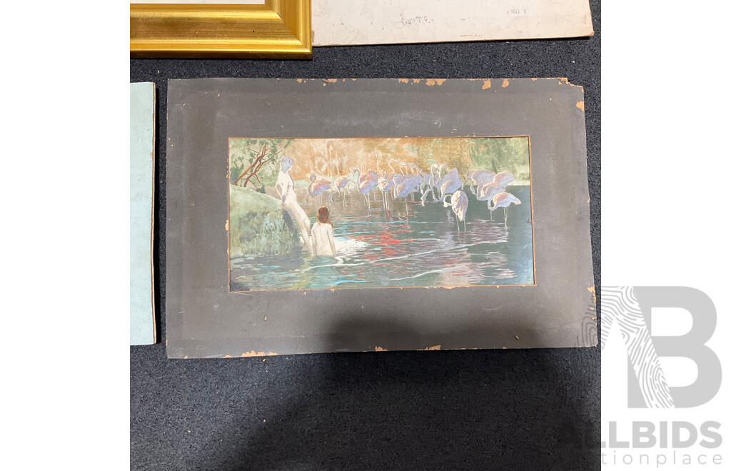 Collection of Women's Painting and Prints, Including Reproduction of ''The Bath of Psyche'', Norman Lidsay ''Merchandise'', ''Prince Le Boo Embarking Fro England'' and Others - Lot of 5
