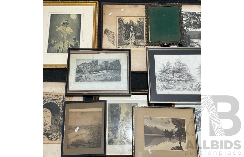 Variety of Vintage Framed Etchings and Prints - Lot of 10