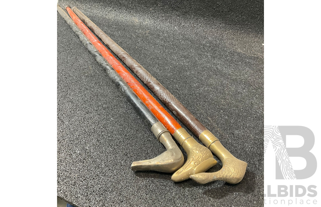 Vintage Bird Shaped Handles Wooden Walking Sticks - Lot of 3
