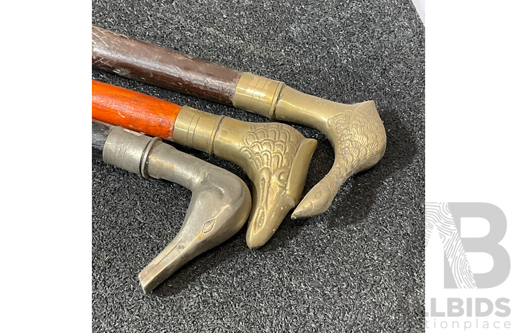 Vintage Bird Shaped Handles Wooden Walking Sticks - Lot of 3