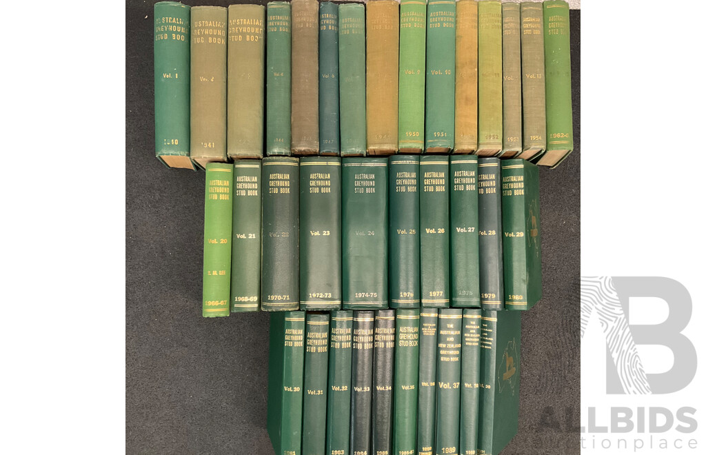 Large Collection of Hardcover Volumes of THE AUSTRALIAN & NEW ZEALAND GREYHOUND STUD BOOK - Lot of 35