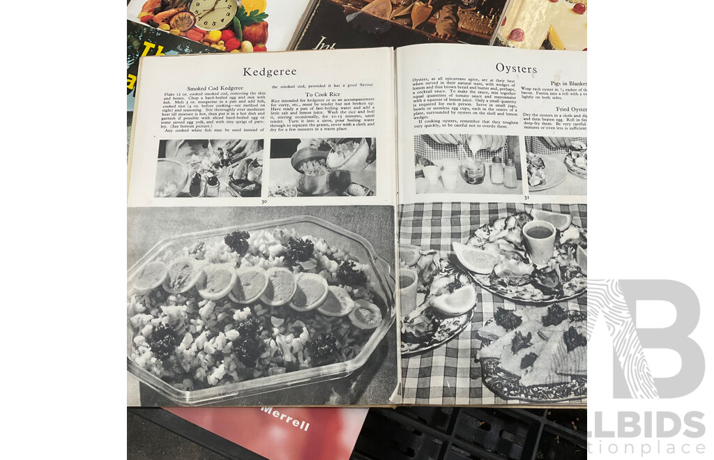 Collection of Vintage Cookbooks Spanning Various Cuisines and Baking Styles