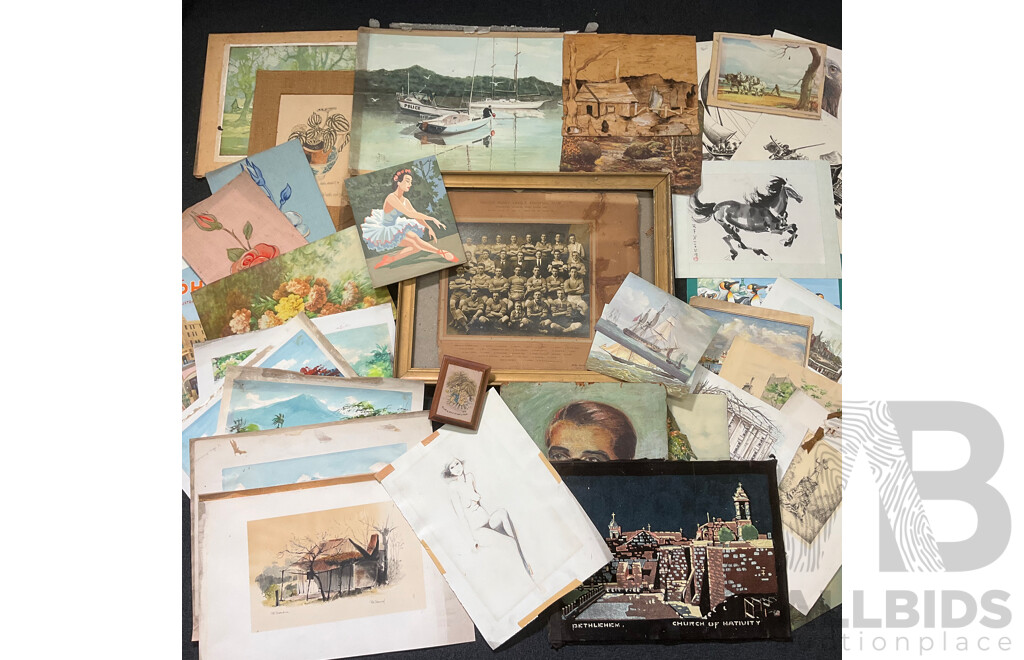Collection of Vintage Artworks, Paintings, Prints and Photographs, Including Photograph of the Mascot Rugby League Football Club From 1922