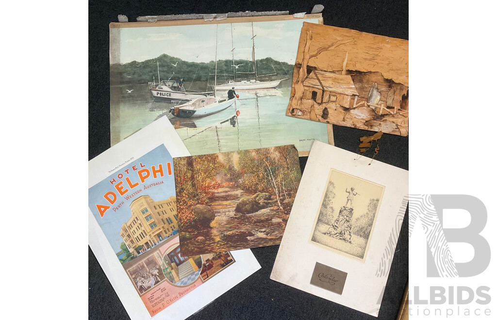 Collection of Vintage Artworks, Paintings, Prints and Photographs, Including Photograph of the Mascot Rugby League Football Club From 1922