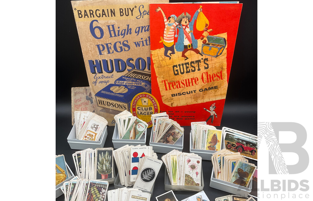 Collection of Vintage Ephemera, Including Mint and Cancelled Pre-decimal Stamps, Cigarette Cards, NSW Motor Spirit Ration Tickets and Irish Hospitals Sweepstake Vouchers