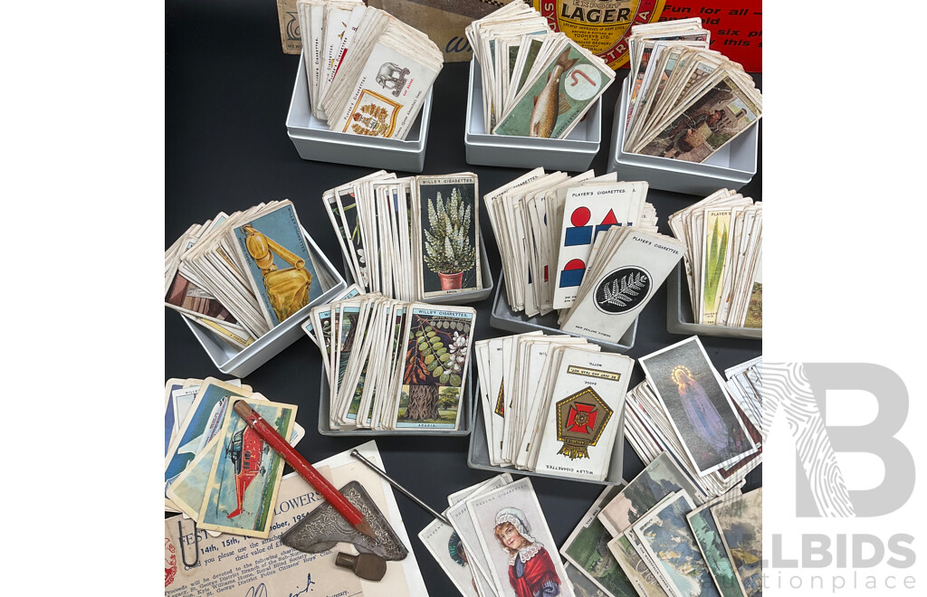 Collection of Vintage Ephemera, Including Mint and Cancelled Pre-decimal Stamps, Cigarette Cards, NSW Motor Spirit Ration Tickets and Irish Hospitals Sweepstake Vouchers