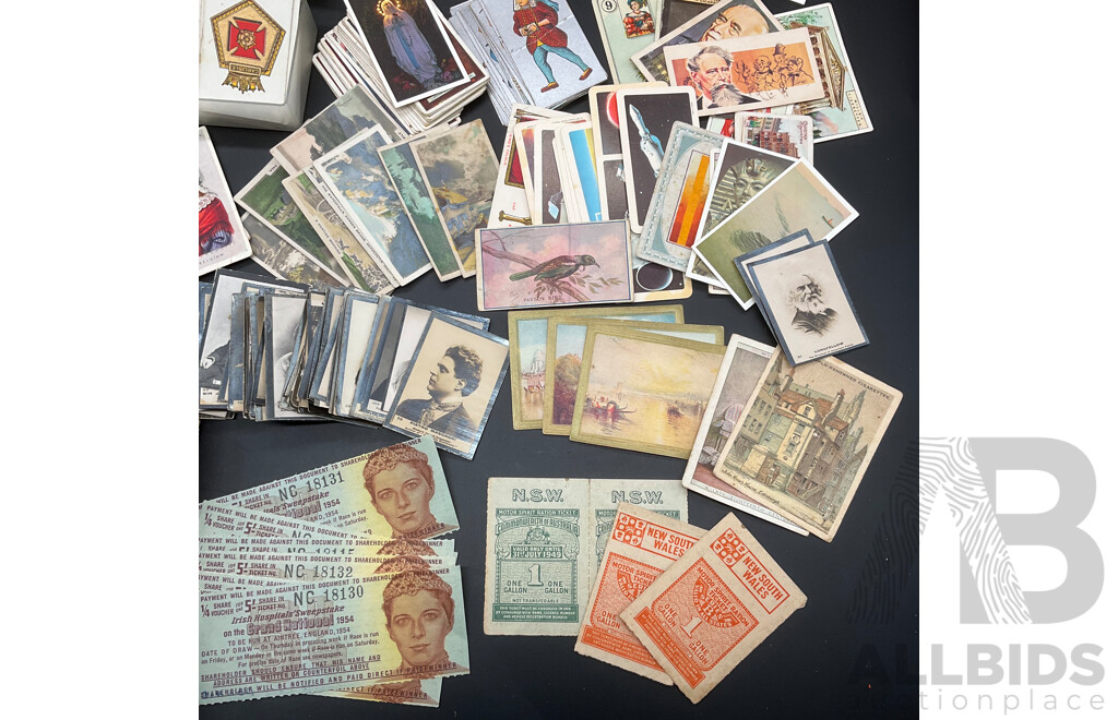 Collection of Vintage Ephemera, Including Mint and Cancelled Pre-decimal Stamps, Cigarette Cards, NSW Motor Spirit Ration Tickets and Irish Hospitals Sweepstake Vouchers