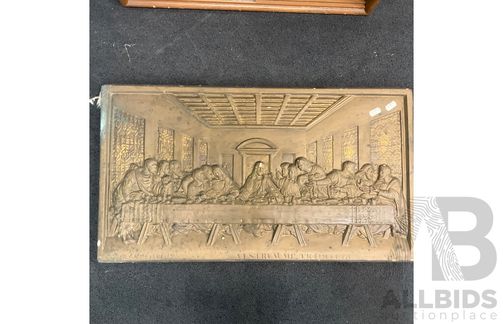 Collection of Vintage Household Items, Including Wall Plaque ''The Last Supper'', Wooden Tray, Walking Cane, Wooden Display Cabinet and Silver Plated Cutlery