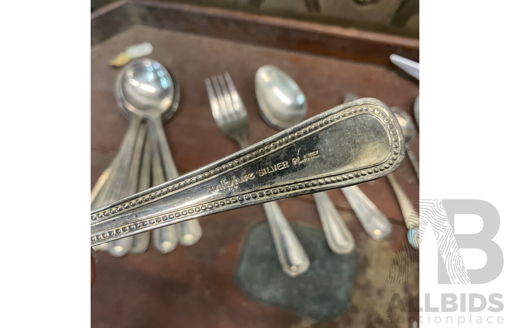 Collection of Vintage Household Items, Including Wall Plaque ''The Last Supper'', Wooden Tray, Walking Cane, Wooden Display Cabinet and Silver Plated Cutlery