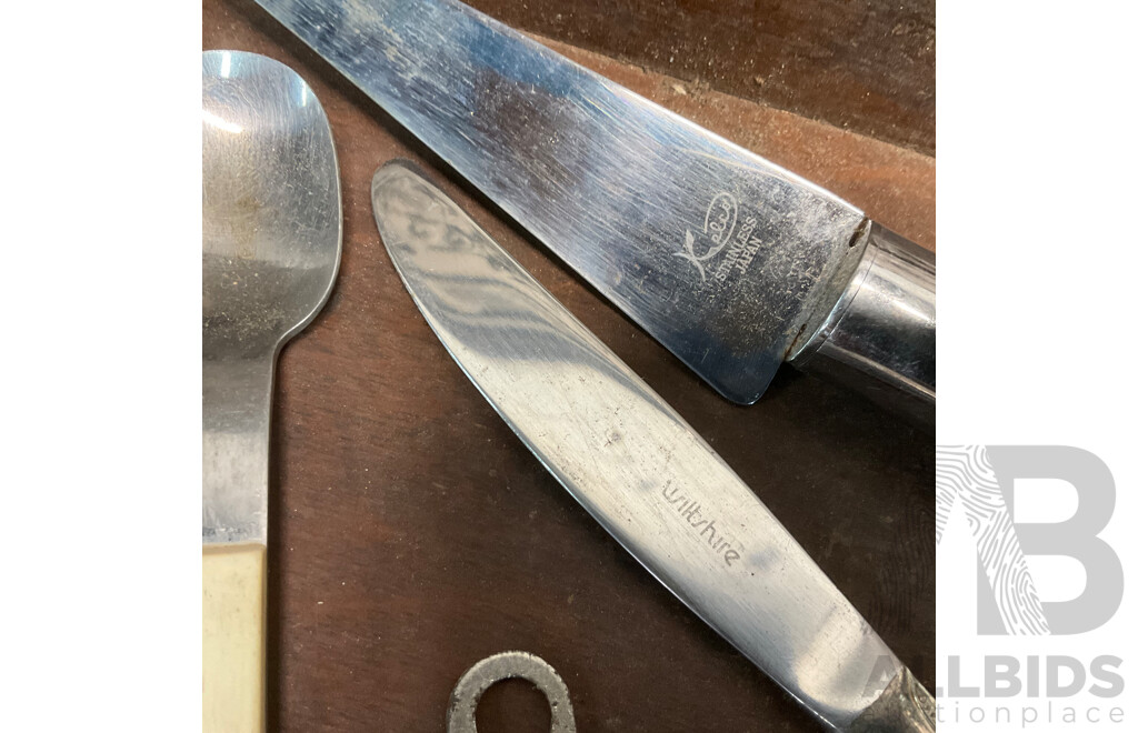 Collection of Vintage Household Items, Including Wall Plaque ''The Last Supper'', Wooden Tray, Walking Cane, Wooden Display Cabinet and Silver Plated Cutlery