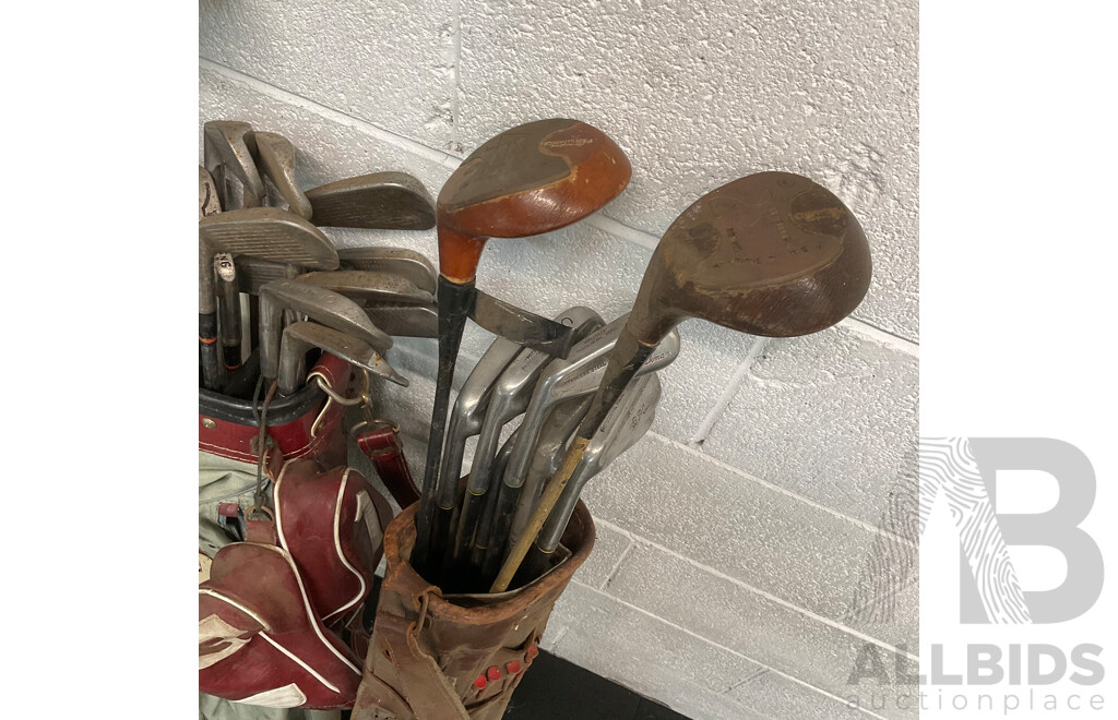 Collection of Vintage Golf Clubs, Tennis Racket and Auto Sun Deflector