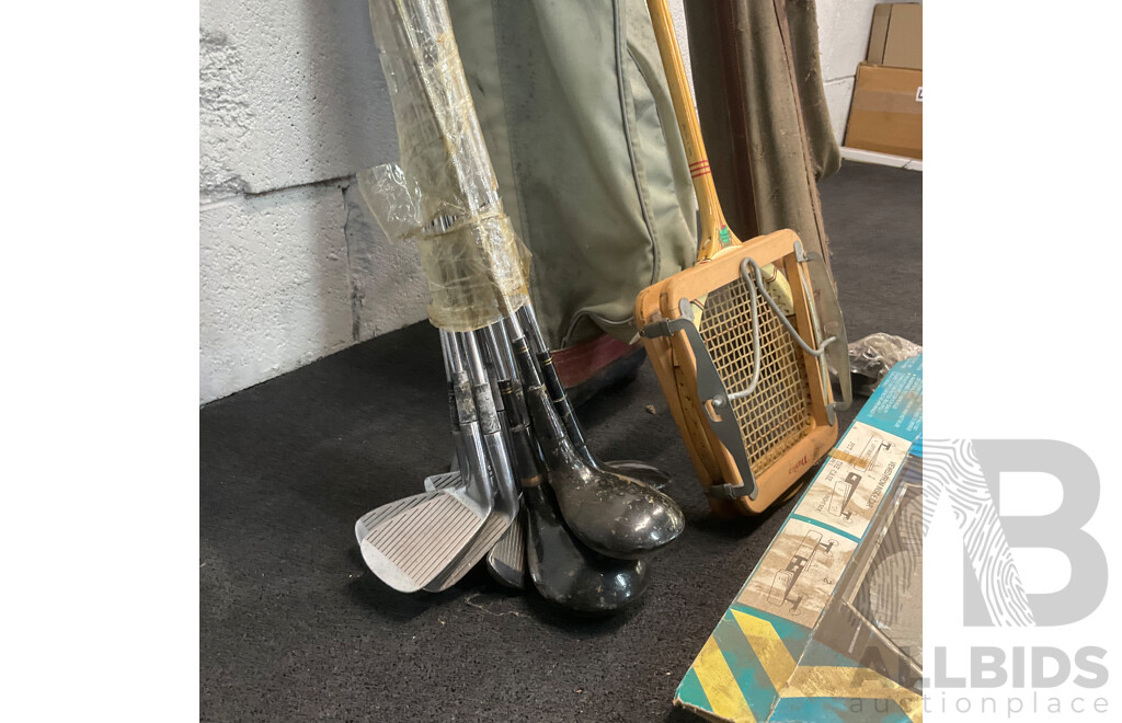 Collection of Vintage Golf Clubs, Tennis Racket and Auto Sun Deflector